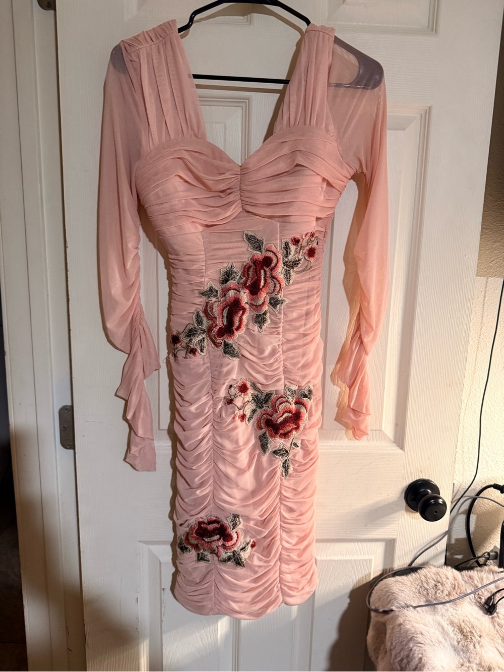Venus Pink Ruched Mesh Long Sleeve Bodycon Floral Embroidered Mini Dress Size 6